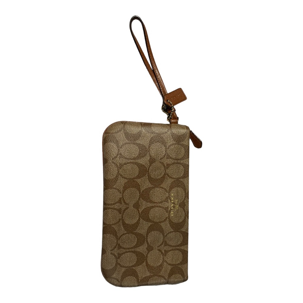 Coach F65748 Brown Signature Coated Canvas Wristlet 9” X 4.5”
